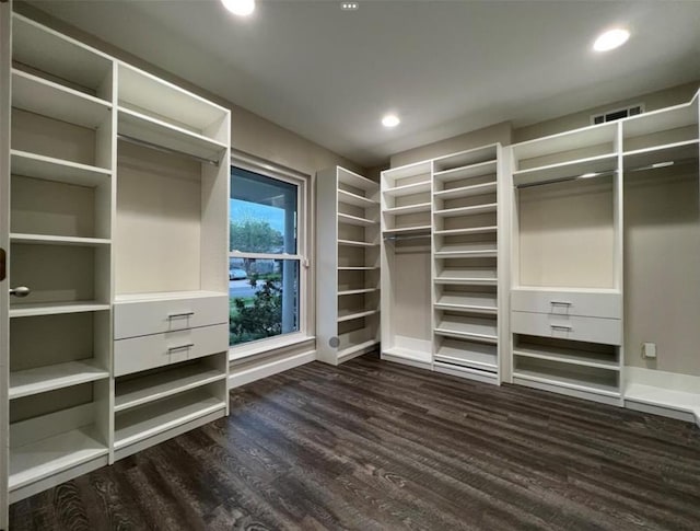 spacious closet with dark wood finished floors and visible vents