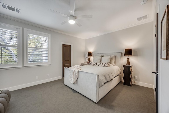 bedroom featuring baseboards, carpet, visible vents, and ornamental molding