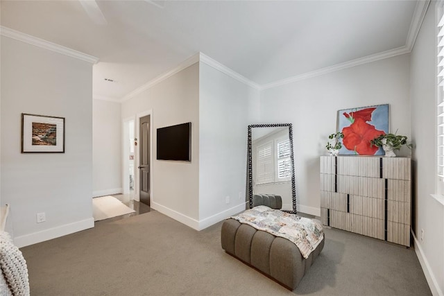 living area with baseboards, carpet floors, and ornamental molding