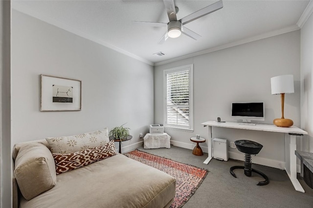 bedroom featuring carpet flooring, baseboards, crown molding, and visible vents