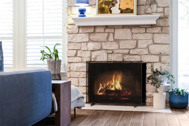 room details featuring a stone fireplace and wood finish floors