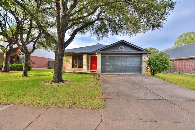 single story home with a garage, concrete driveway, and a front lawn