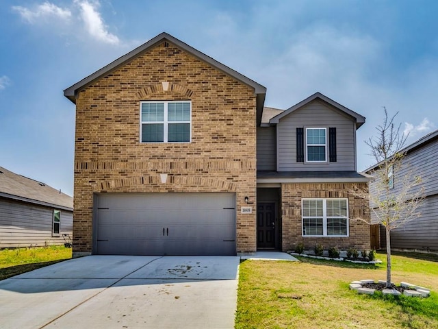 traditional home with brick siding, a garage, driveway, and a front lawn