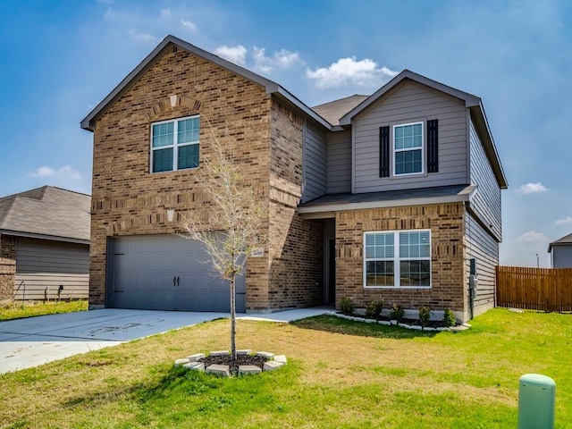 traditional home with brick siding, concrete driveway, an attached garage, and fence