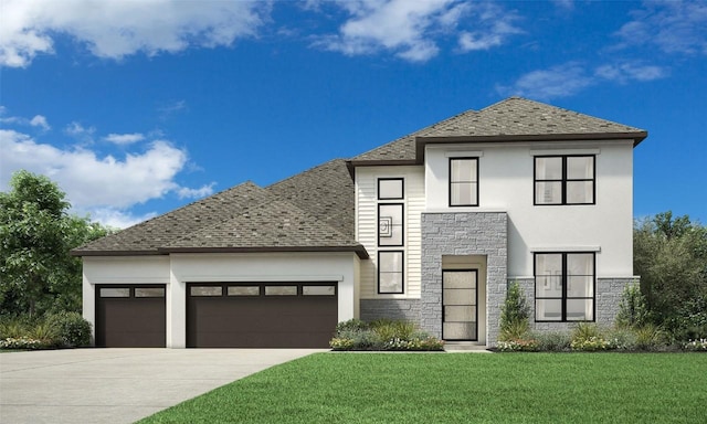 view of front of property with stucco siding, a front lawn, stone siding, concrete driveway, and a garage