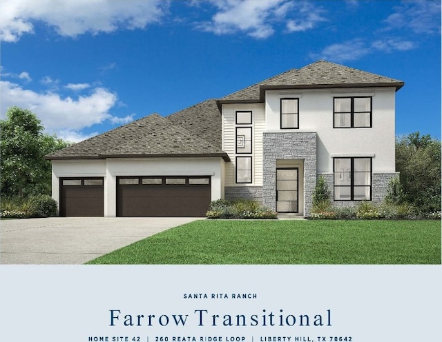 view of front facade featuring a front lawn, concrete driveway, stucco siding, a garage, and stone siding