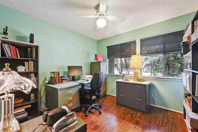 4711 Fieldstone Dr, Austin, TX 78735 - office area featuring a ceiling fan, a textured ceiling, and dark wood-style flooring