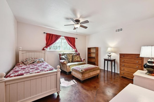 bedroom with visible vents, concrete floors, and ceiling fan