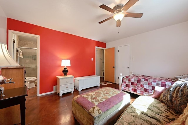 bedroom with ensuite bath, baseboards, and a ceiling fan