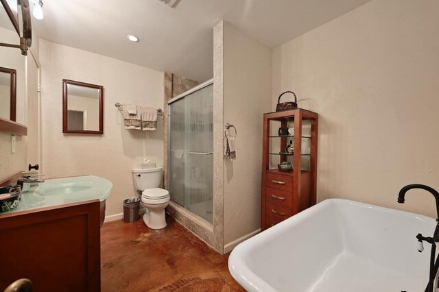 4711 Fieldstone Dr, Austin, TX 78735 - full bath with a stall shower, finished concrete flooring, vanity, and a freestanding tub