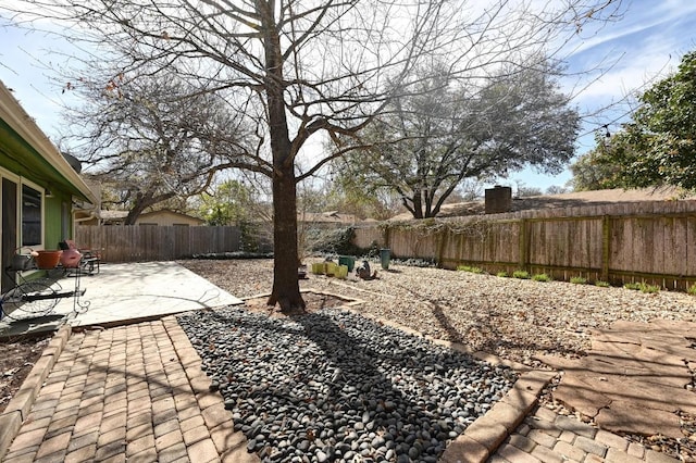 view of yard with a fenced backyard and a patio