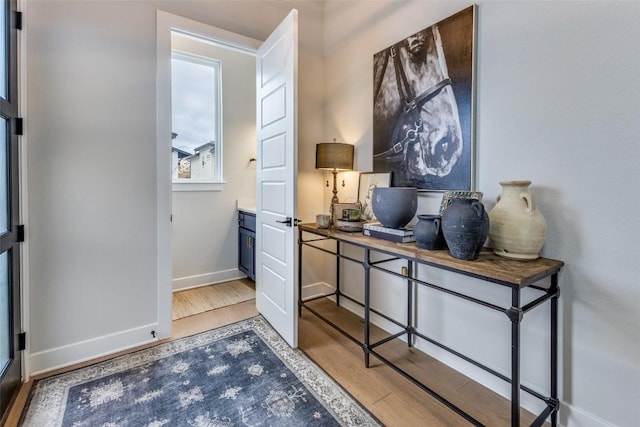 office featuring baseboards and wood finished floors