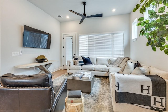 living room featuring visible vents, recessed lighting, ceiling fan, and wood finished floors