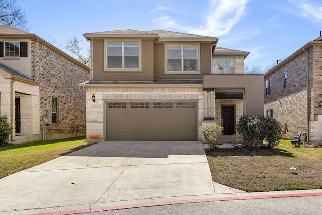 view of front of property with stone siding, stucco siding, driveway, and a garage