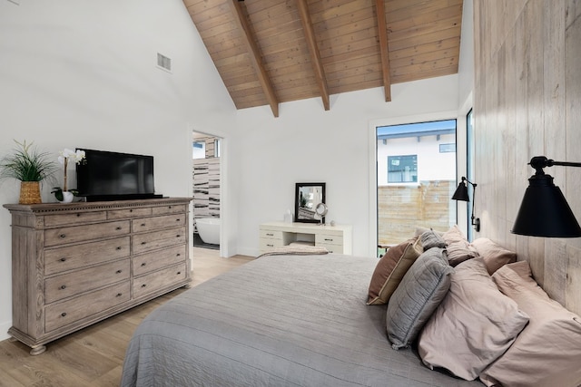 bedroom with light wood-type flooring, beam ceiling, high vaulted ceiling, visible vents, and wood ceiling