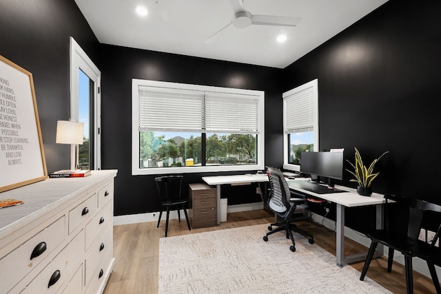 home office with light wood-style flooring, recessed lighting, baseboards, and ceiling fan