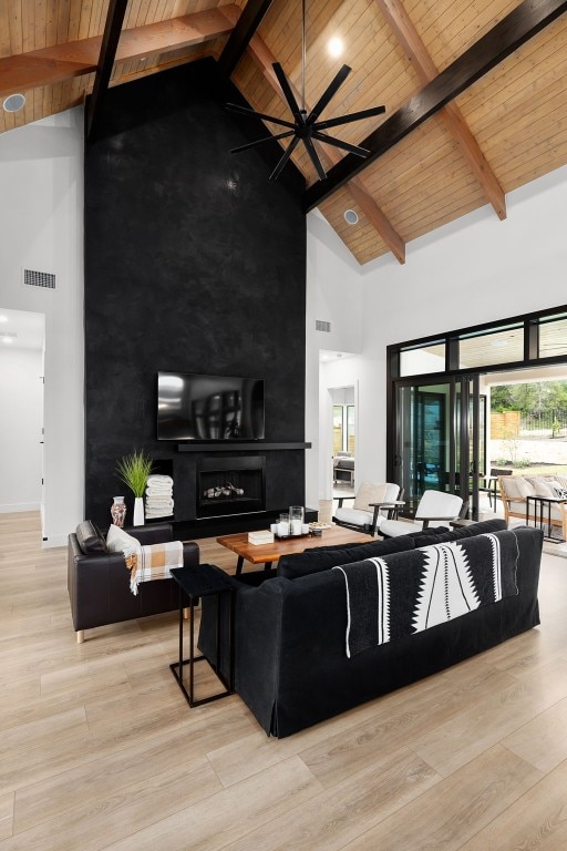 living area featuring wooden ceiling, wood finished floors, visible vents, and high vaulted ceiling