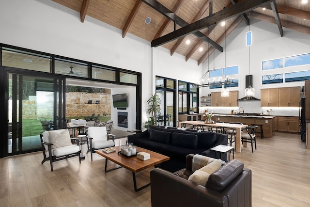 living area featuring beam ceiling, light wood-style flooring, wood ceiling, and high vaulted ceiling