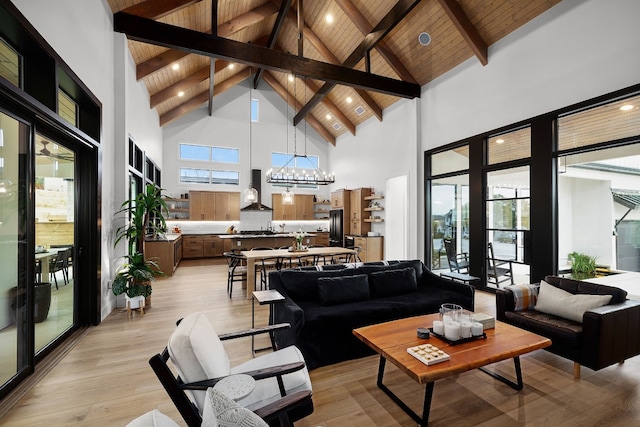 living room with light wood-type flooring, beam ceiling, high vaulted ceiling, a notable chandelier, and wooden ceiling