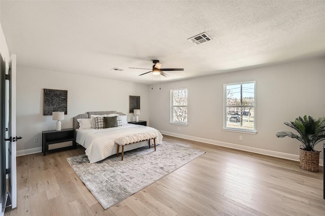 bedroom with visible vents, light wood-style flooring, and a textured ceiling