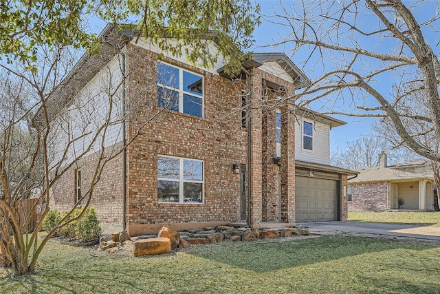 view of front of property with concrete driveway, an attached garage, brick siding, and a front lawn