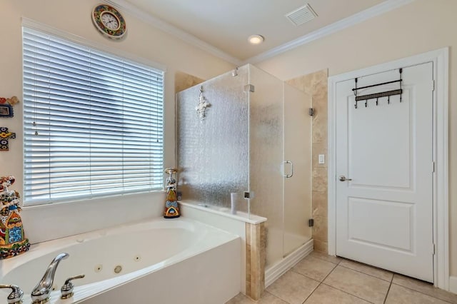 bathroom featuring visible vents, a stall shower, a whirlpool tub, crown molding, and tile patterned floors