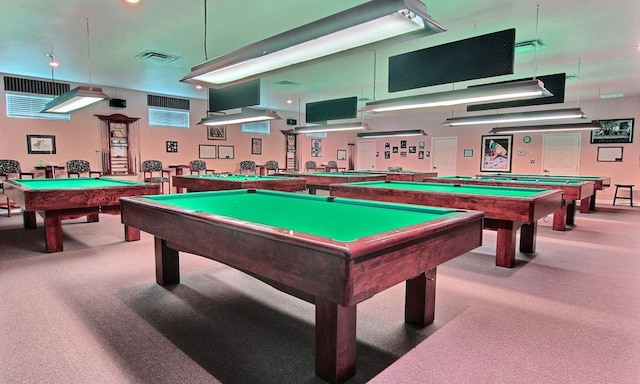 game room with billiards, carpet flooring, and visible vents