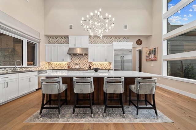316 Duckhorn Pass, Austin, TX 78738 - kitchen with appliances with stainless steel finishes, a towering ceiling, white cabinetry, light wood-style flooring, and a spacious island