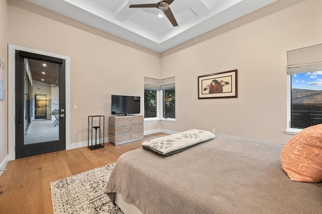 316 Duckhorn Pass, Austin, TX 78738 - bedroom with light wood-style floors, coffered ceiling, beam ceiling, recessed lighting, and a ceiling fan
