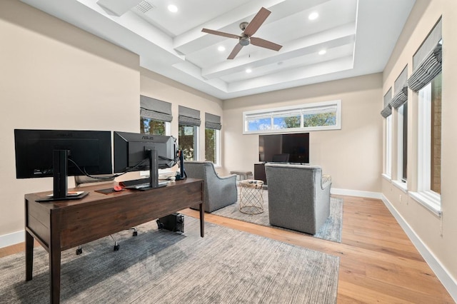 316 Duckhorn Pass, Austin, TX 78738 - home office with light wood-type flooring, a ceiling fan, a tray ceiling, and recessed lighting