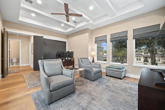 316 Duckhorn Pass, Austin, TX 78738 - sitting room with ceiling fan, light wood finished floors, a desk, beamed ceiling, and recessed lighting