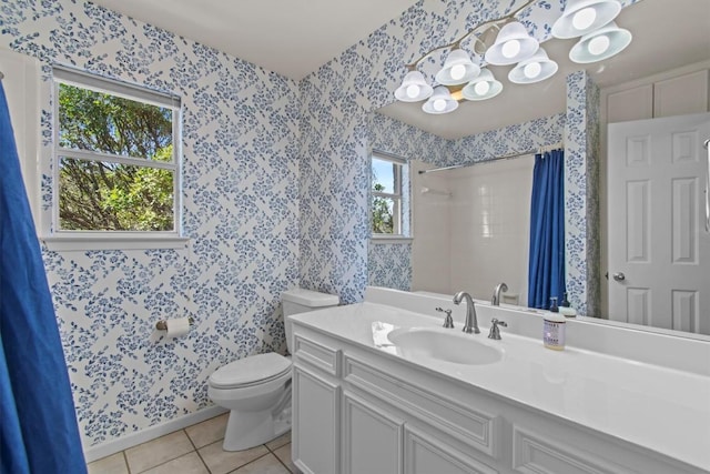 25048 River Rd, Spicewood, TX 78669 - bathroom featuring wallpapered walls, tile patterned floors, vanity, a shower with curtain, and a chandelier