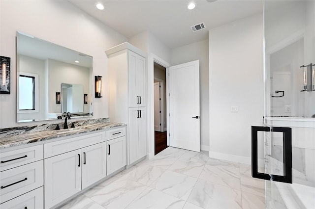 bathroom with visible vents, marble finish floor, recessed lighting, baseboards, and vanity