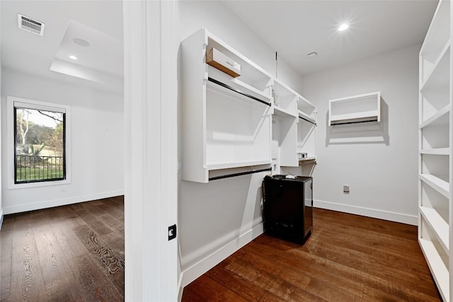 spacious closet with dark wood finished floors, a raised ceiling, and visible vents