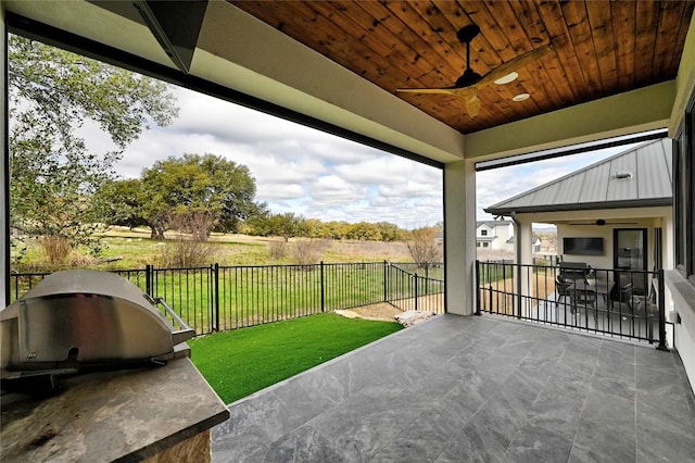 view of patio featuring grilling area, a fenced backyard, and ceiling fan