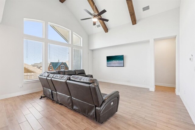 living area featuring beam ceiling, visible vents, a ceiling fan, and light wood-style floors