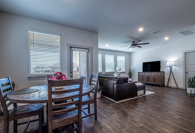 dining area with recessed lighting, visible vents, dark wood-style flooring, and ceiling fan