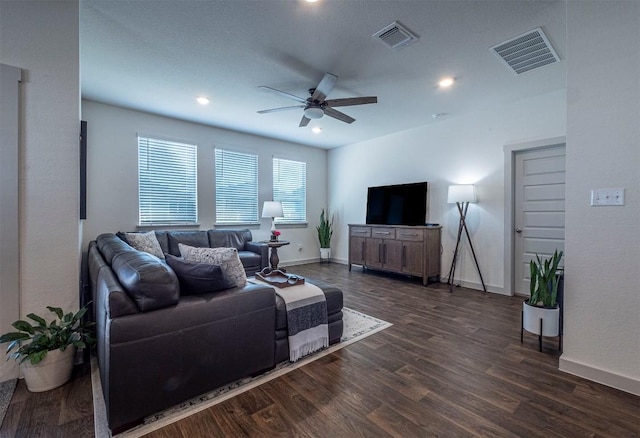 208 Greens Bayou Trl, Hutto, TX 78634 - living room featuring ceiling fan, dark wood-style flooring, and recessed lighting
