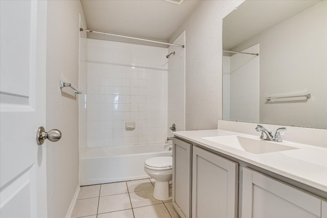 full bathroom with toilet, tile patterned floors, vanity, shower / tub combination, and baseboards