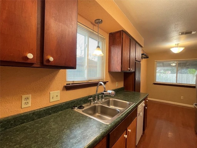 kitchen featuring a sink, dark countertops, dishwasher, and a healthy amount of sunlight