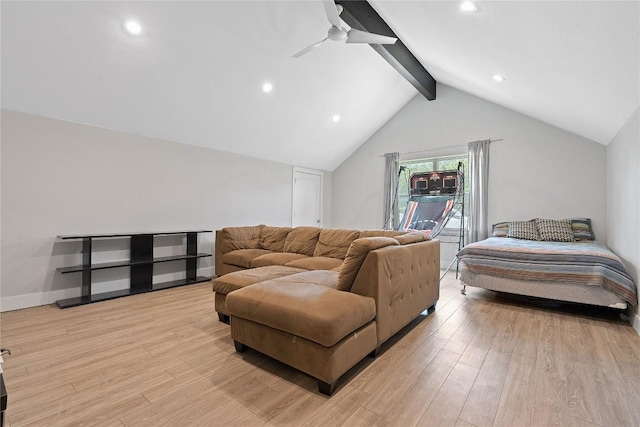 bedroom with lofted ceiling with beams, recessed lighting, light wood-style floors, baseboards, and ceiling fan