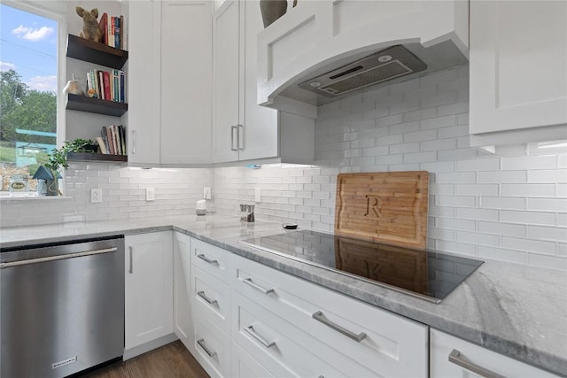 kitchen with white cabinetry, open shelves, custom range hood, dishwasher, and black electric cooktop