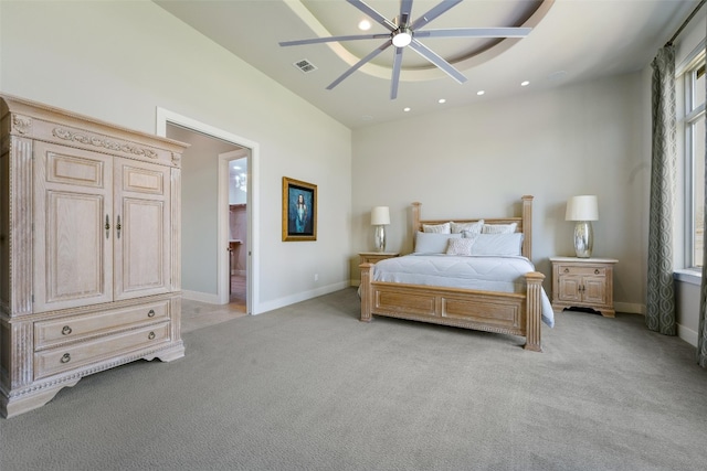 bedroom with recessed lighting, visible vents, baseboards, and light carpet