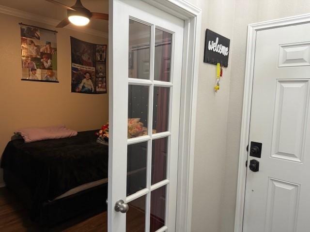 interior space featuring ceiling fan and ornamental molding