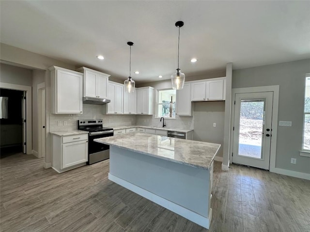 15 Persimmon Dr, Wimberley, TX 78676 - kitchen with appliances with stainless steel finishes, under cabinet range hood, white cabinets, decorative backsplash, and recessed lighting