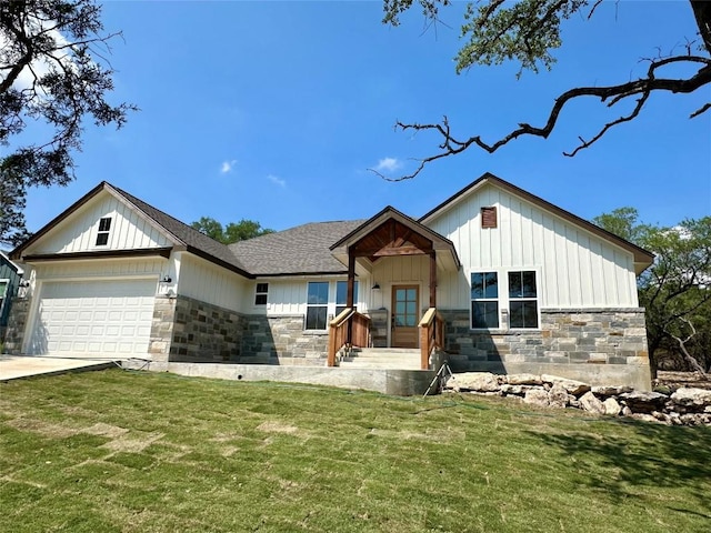 15 Persimmon Dr, Wimberley, TX 78676 - modern farmhouse featuring stone siding, an attached garage, a front yard, and board and batten siding