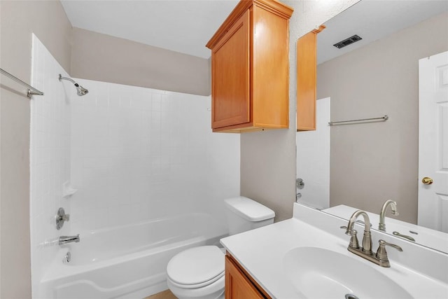 full bath featuring visible vents, shower / washtub combination, toilet, and vanity