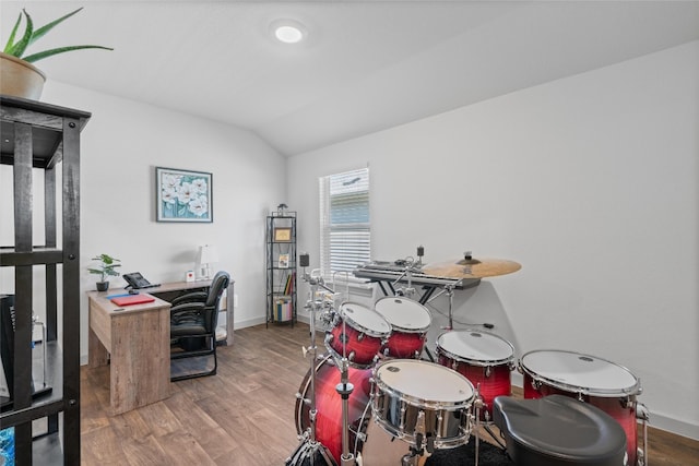 105 Krause Springs Dr, Hutto, TX 78634 - office area featuring lofted ceiling and wood finished floors