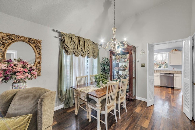 dining room featuring a notable chandelier, baseboards, vaulted ceiling, and dark wood finished floors