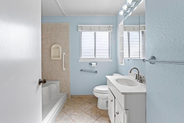 bathroom with tile patterned flooring, toilet, vanity, and walk in shower